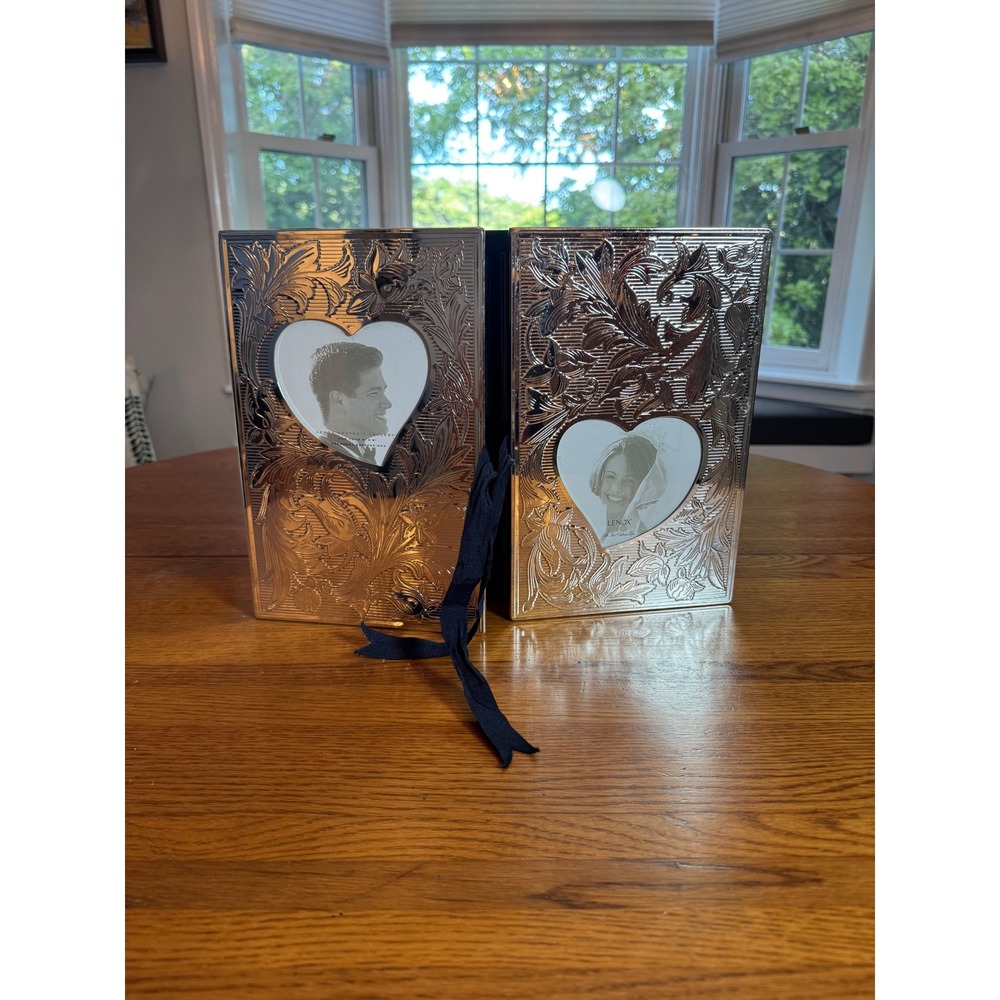 Lenox Portrait Gallery Silver Plated Heart Double Photo Album Floral Embossed